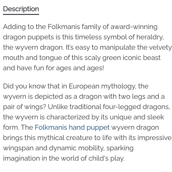 Folkmantis Puppets Wyvern Dragon Hand Puppets Green Wings - Picture 10 of 10